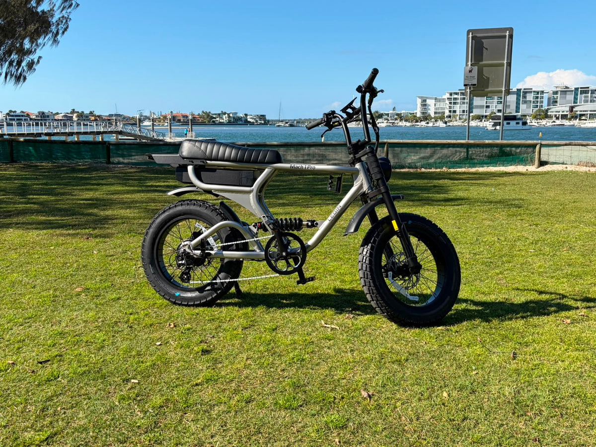 Legin Mach 1 Pro fat-tyre electric bike by the marina on the Gold Coast