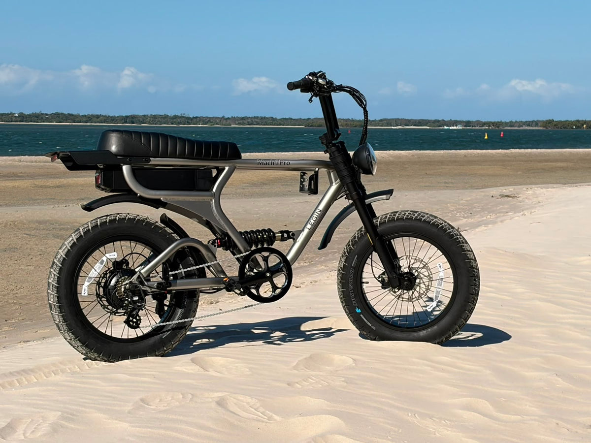 Legin Mach 1 Pro fat-tyre electric bike on the beach at the Gold Coast