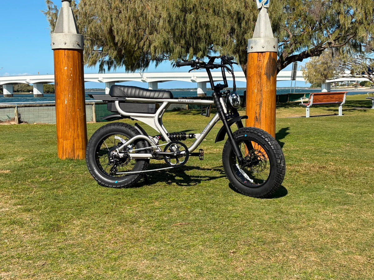 Legin Mach 1 Pro fat-tyre electric bike parked on the grass beside the Gold Coast Broadwater