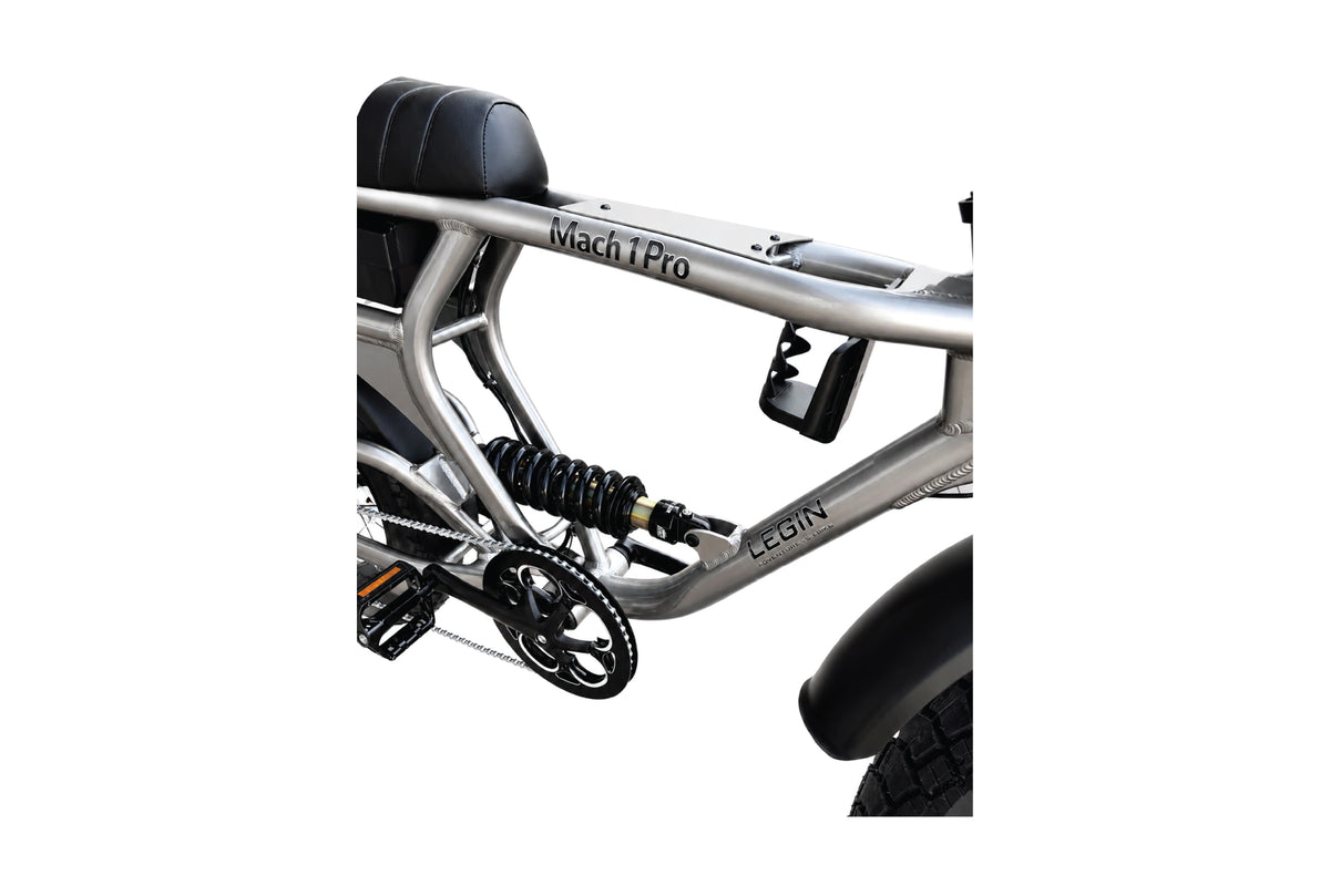 Legin Mach 1 Pro Stepover frame, chainring and mid-shock detail - Blue, Cream, Silver, Black