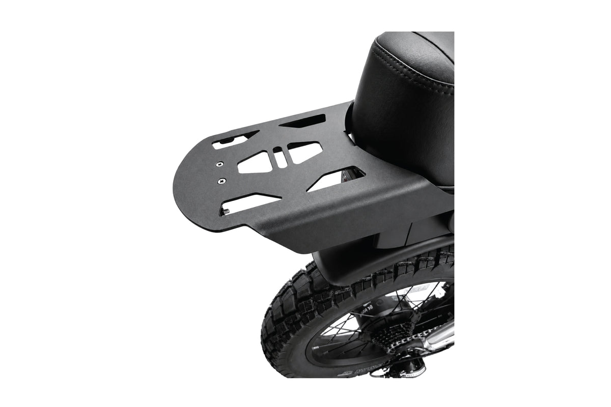 Legin Mach 1 Pro Stepover rear rack and saddle detail - Blue, Cream, Silver, Black