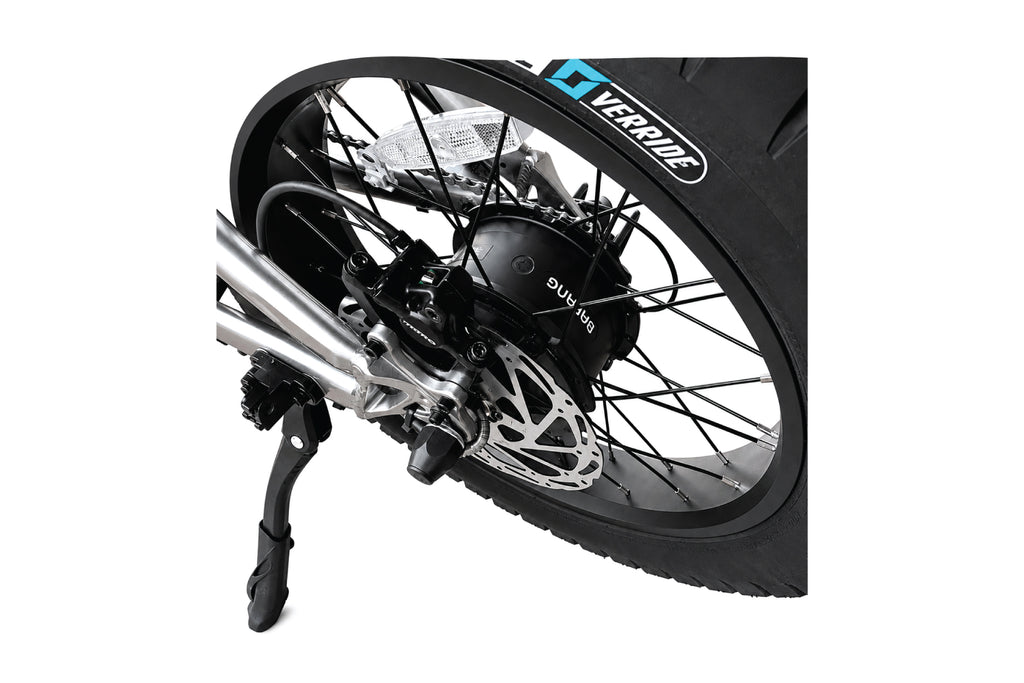 Legin Mach 1 Pro Stepover rear wheel, Bafang hub motor and disc brake detail - Blue, Cream, Silver, Black