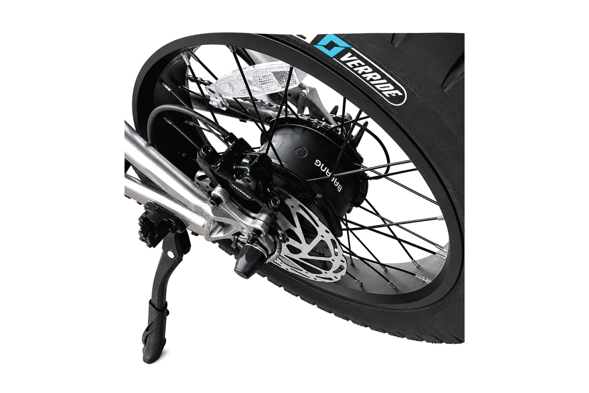 Legin Mach 1 Pro Stepover rear wheel, Bafang hub motor and disc brake detail - Blue, Cream, Silver, Black