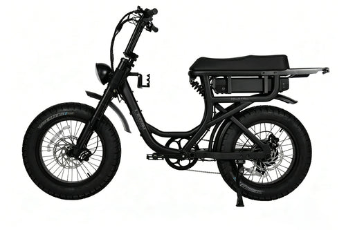 Legin Mach 1 Pro step-through fat-tyre electric bike in Stealth Black Gloss, side profile