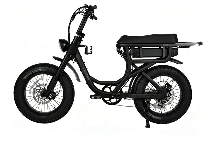 Legin Mach 1 Pro step-through fat-tyre electric bike in Stealth Black Gloss, side profile
